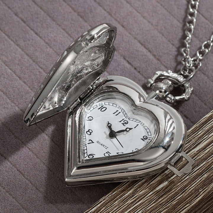 Silver Retro Couple Heart-shaped Hollow Carved Pocket Watch - image 2