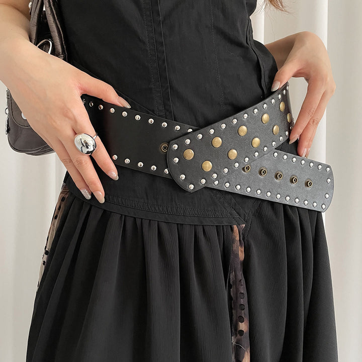 Women's Black&white Fashionable Slim Rivet Belt - Black - image 1