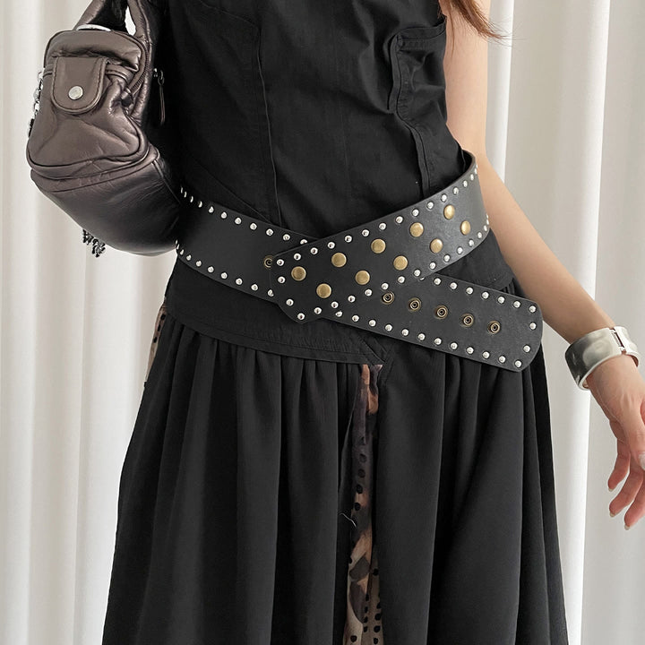 Women's Black&white Fashionable Slim Rivet Belt - image 1
