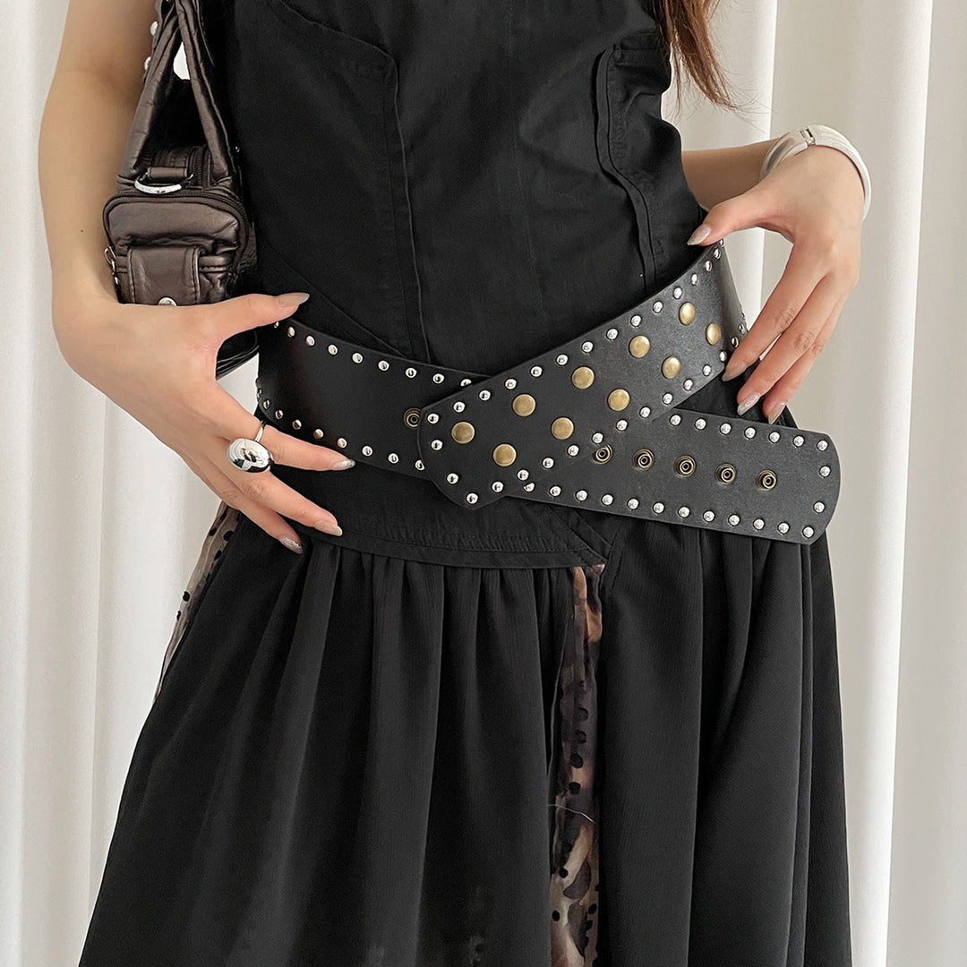 Women's Black&white Fashionable Slim Rivet Belt - image 2