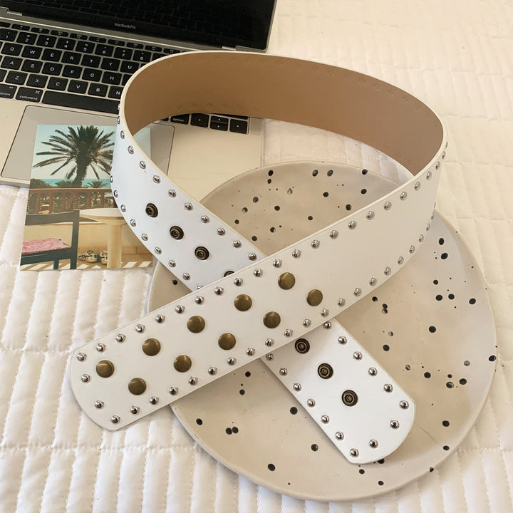 Women's Black&white Fashionable Slim Rivet Belt - White - image 5