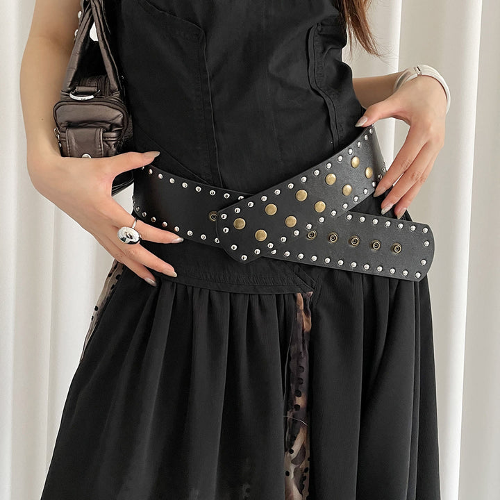 Women's Black&white Fashionable Slim Rivet Belt - image 3