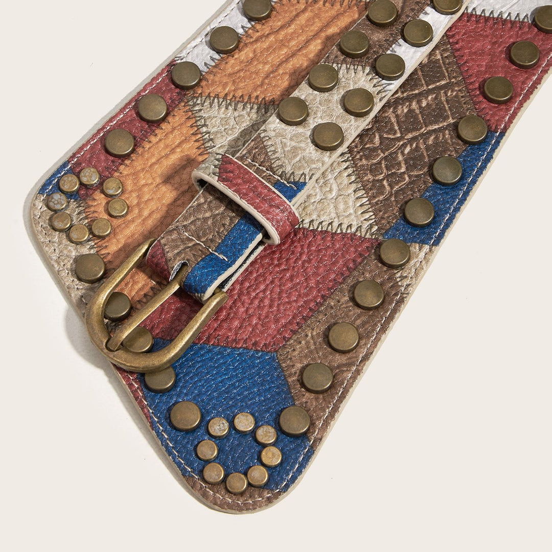 Women's Retro Leather Ball Pattern Antique Copper Nail Waist Belt - image 3