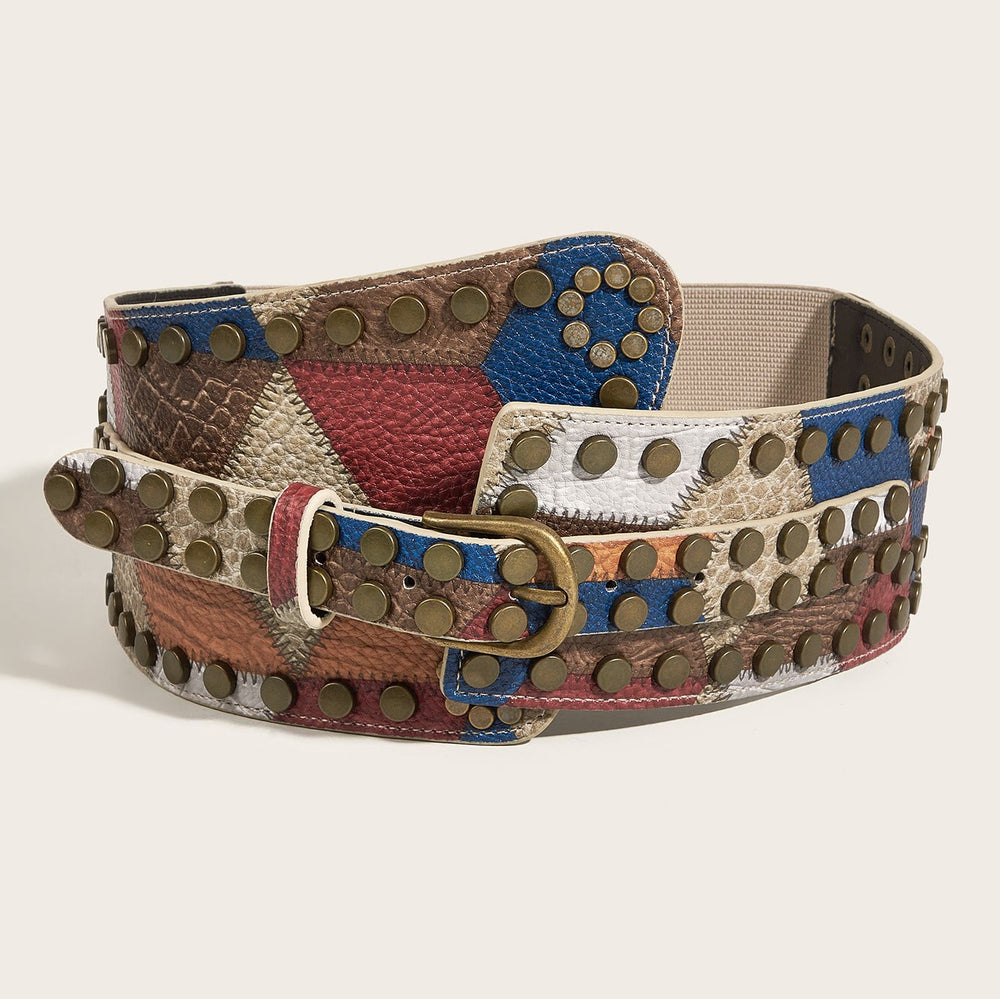 Women's Retro Leather Ball Pattern Antique Copper Nail Waist Belt - Multicolor - image 2