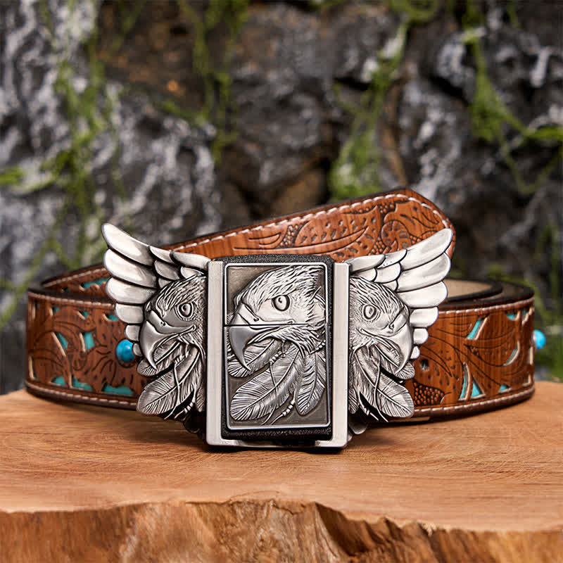 Men's DIY Silver Mighty Eagle Leather Belt With Hidden Lighter - Eagle - Turquoise Carved Belt - 42 - image 7