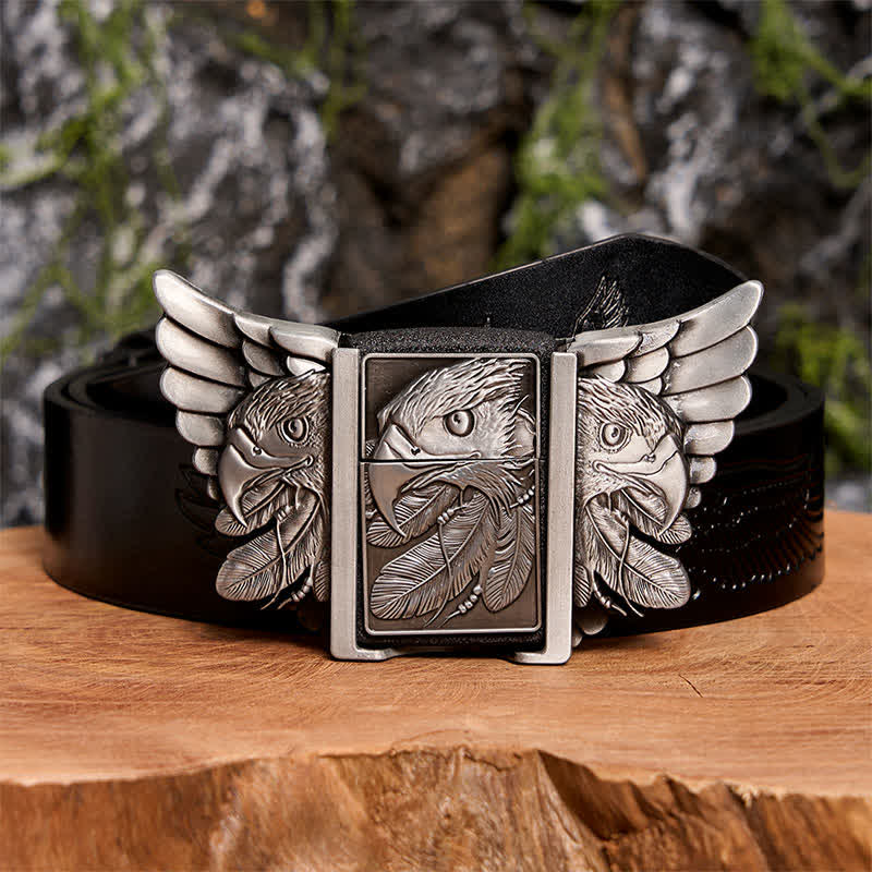 Men's DIY Silver Mighty Eagle Leather Belt With Hidden Lighter - Eagle - Black Embossed Eagle Belt - 42 - image 2