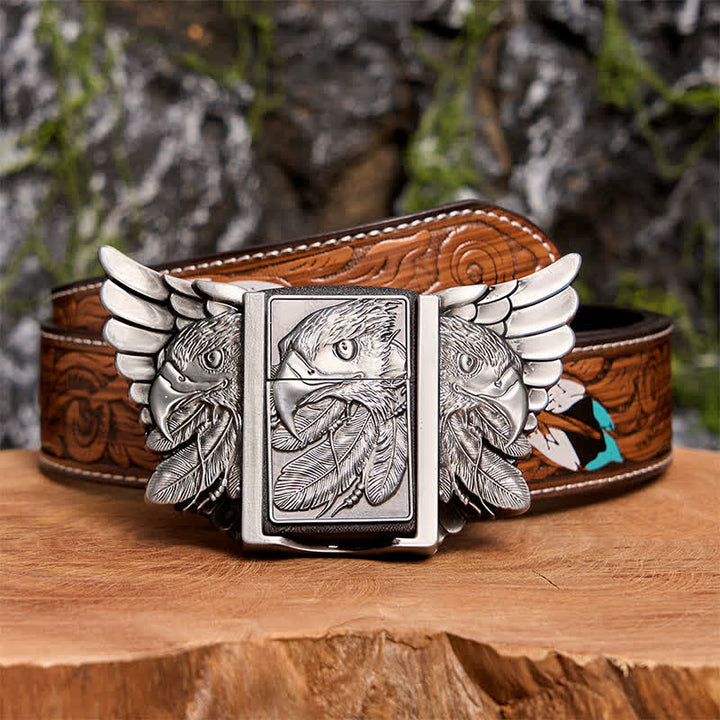 Men's DIY Silver Mighty Eagle Leather Belt With Hidden Lighter - Eagle - Brown Feather Belt - 40 - image 11