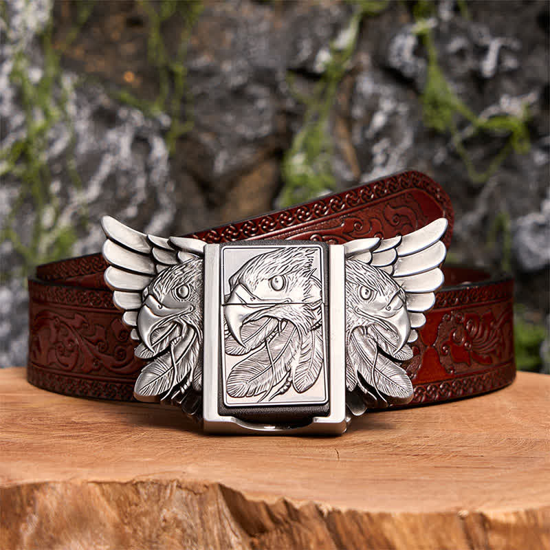 Men's DIY Silver Mighty Eagle Leather Belt With Hidden Lighter - Eagle - Brown Carved Belt - 42 - image 9