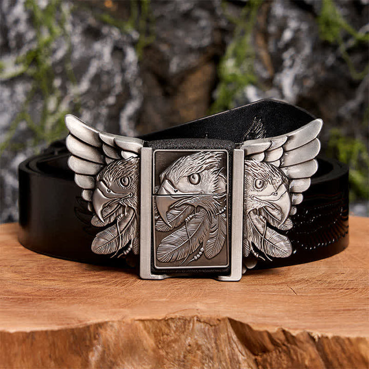 Men's DIY Silver Mighty Eagle Leather Belt With Hidden Lighter - Eagle - Black Embossed Eagle Belt - 42 - image 2