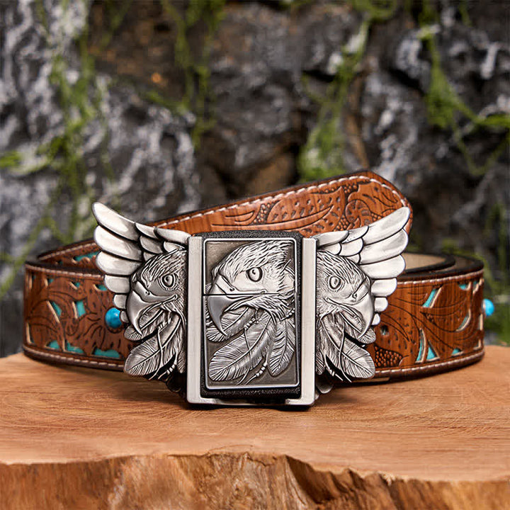 Men's DIY Silver Mighty Eagle Leather Belt With Hidden Lighter - Eagle - Turquoise Carved Belt - 42 - image 6