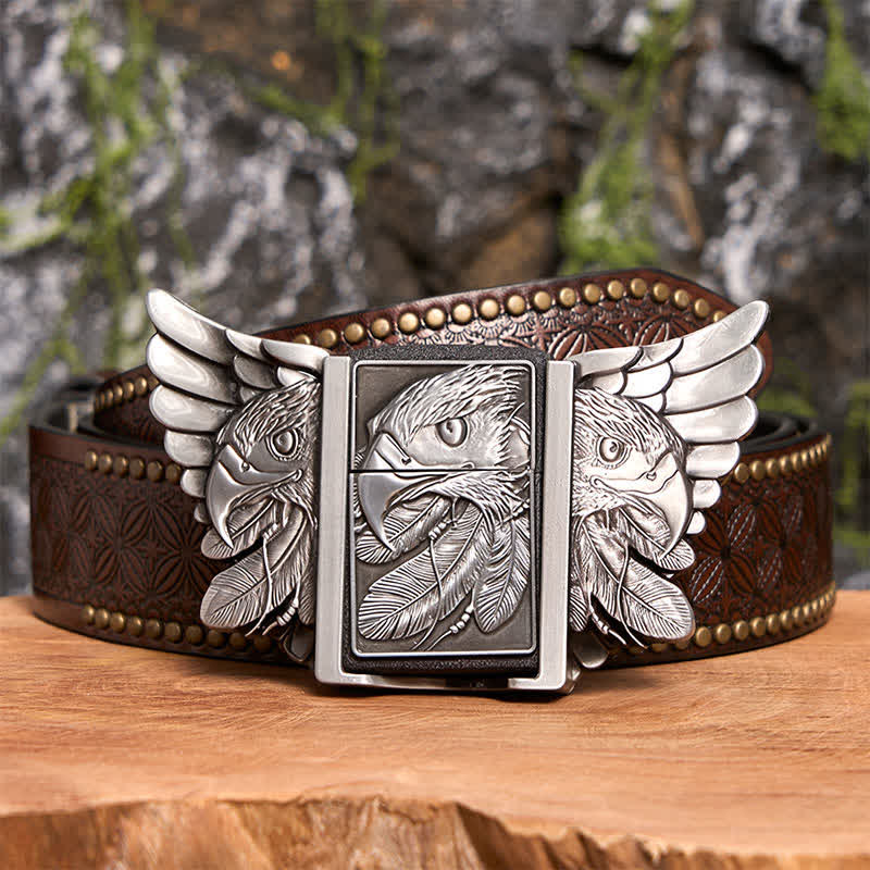 Men's DIY Silver Mighty Eagle Leather Belt With Hidden Lighter - Eagle - Brown Rivet Belt - 42 - image 8