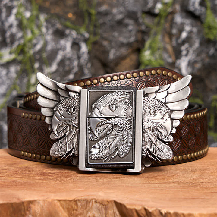 Men's DIY Silver Mighty Eagle Leather Belt With Hidden Lighter - Eagle - Brown Rivet Belt - 42 - image 8