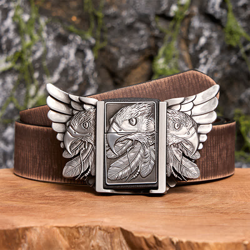 Men's DIY Silver Mighty Eagle Leather Belt With Hidden Lighter - Eagle - Brown Distressed Belt - 42 - image 8