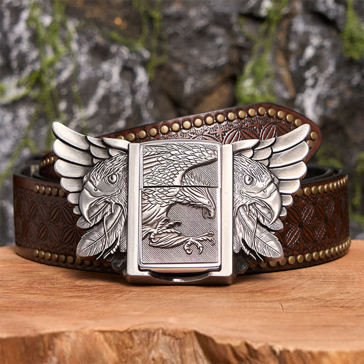 Men's DIY Silver Soaring Eagle Leather Belt With Hidden Lighter  - Soaring Eagle - Brown Rivet Belt - 42 - image 8