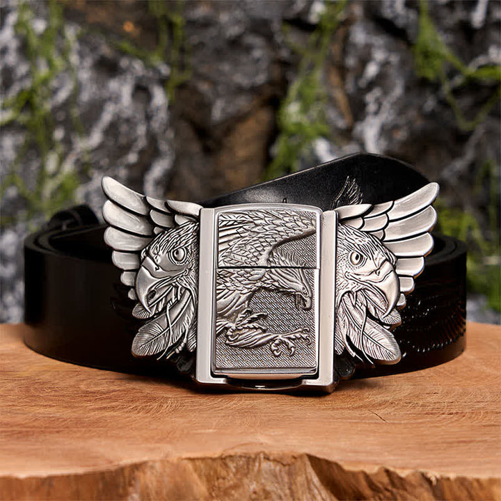 Men's DIY Silver Soaring Eagle Leather Belt With Hidden Lighter  - Soaring Eagle - Black Embossed Eagle Belt - 42 - image 3