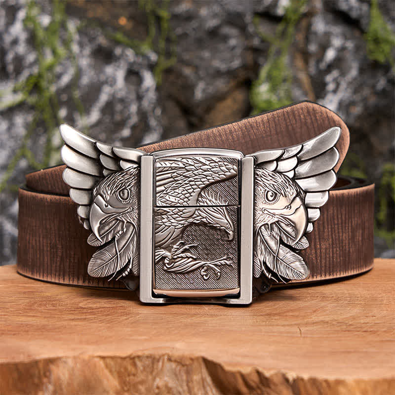 Men's DIY Silver Soaring Eagle Leather Belt With Hidden Lighter  - Soaring Eagle - Brown Distressed Belt - 42 - image 9