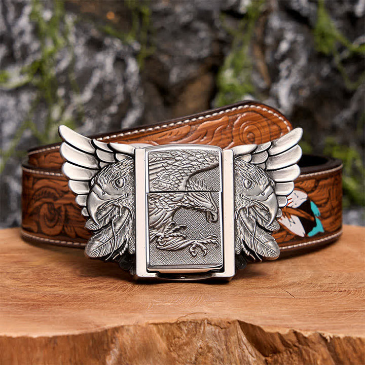 Men's DIY Silver Soaring Eagle Leather Belt With Hidden Lighter  - Soaring Eagle - Brown Feather Belt - 40 - image 11