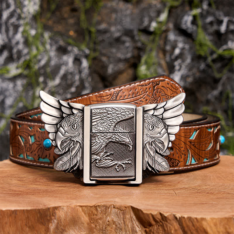 Men's DIY Silver Soaring Eagle Leather Belt With Hidden Lighter  - Soaring Eagle - Turquoise Carved Belt - 42 - image 7
