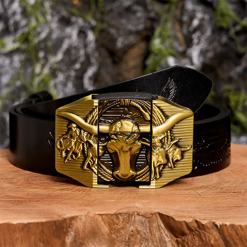 Men's DIY Golden Domineering Bull Leather Belt with Hidden Lighter - Longhorn Bull - Black Embossed Eagle Belt - 42 - image 3