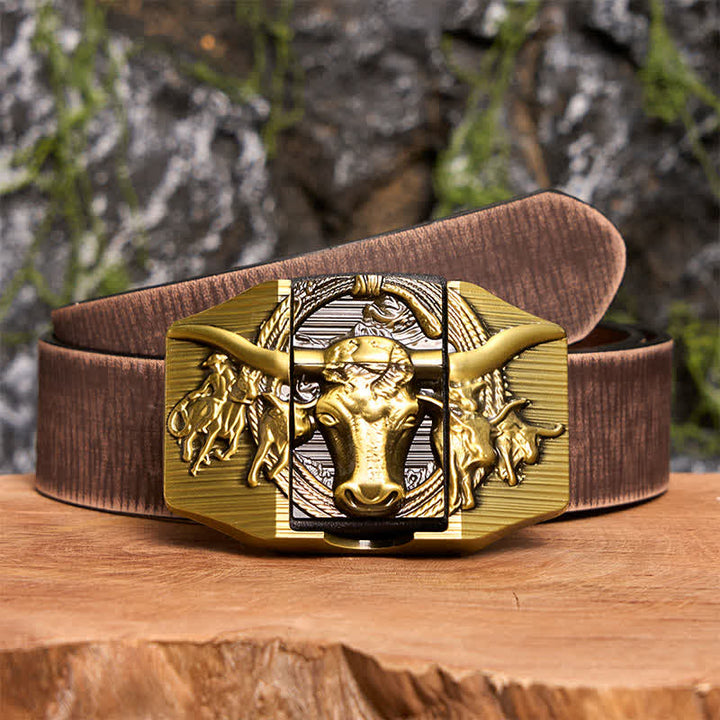 Men's DIY Golden Domineering Bull Leather Belt with Hidden Lighter - Longhorn Bull - Brown Distressed Belt - 42 - image 8