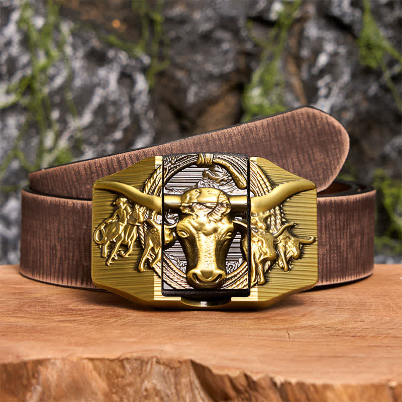 Men's DIY Golden Domineering Bull Leather Belt with Hidden Lighter - Longhorn Bull - Brown Distressed Belt - 42 - image 9