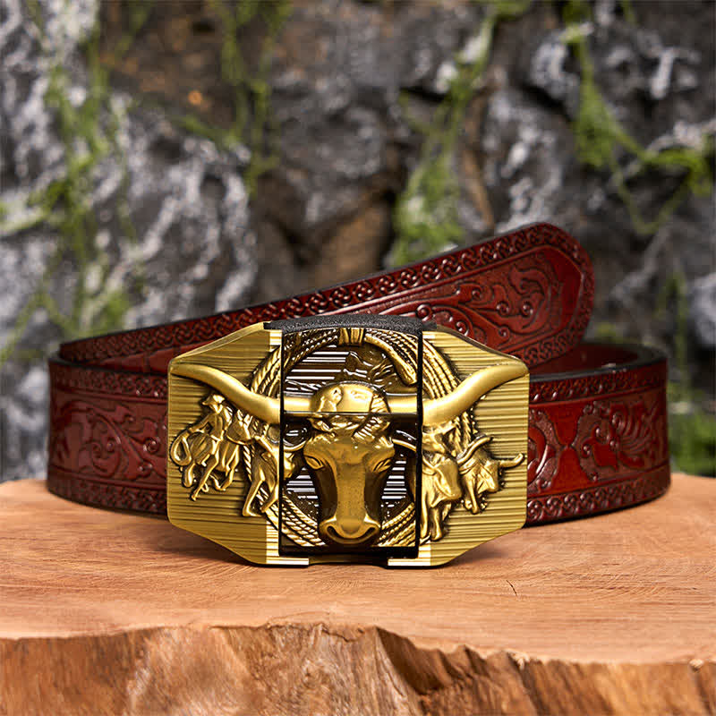 Men's DIY Golden Domineering Bull Leather Belt with Hidden Lighter - Longhorn Bull - Brown Carved Belt - 42 - image 10