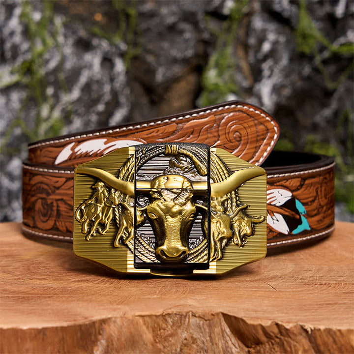 Men's DIY Golden Domineering Bull Leather Belt with Hidden Lighter - Longhorn Bull - Brown Feather Belt - 40 - image 11