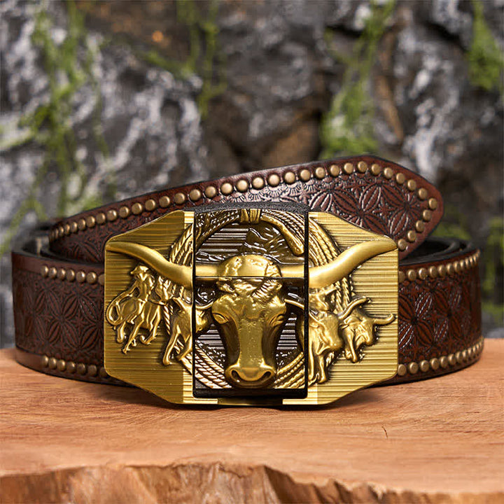 Men's DIY Golden Domineering Bull Leather Belt with Hidden Lighter - Longhorn Bull - Brown Rivet Belt - 42 - image 8