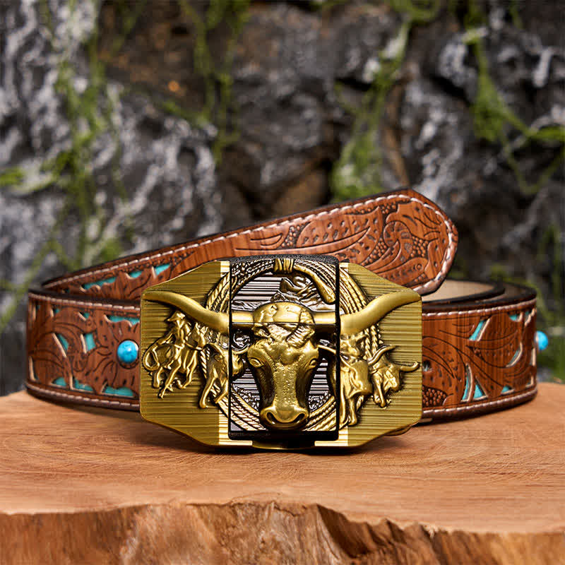 Men's DIY Golden Domineering Bull Leather Belt with Hidden Lighter - Longhorn Bull - Turquoise Carved Belt - 42 - image 7