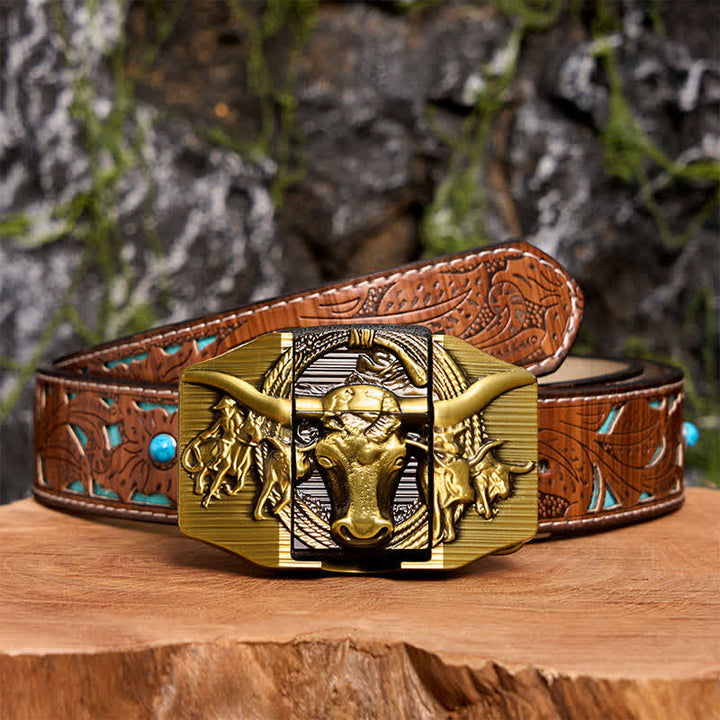 Men's DIY Golden Domineering Bull Leather Belt with Hidden Lighter - Longhorn Bull - Turquoise Carved Belt - 42 - image 7