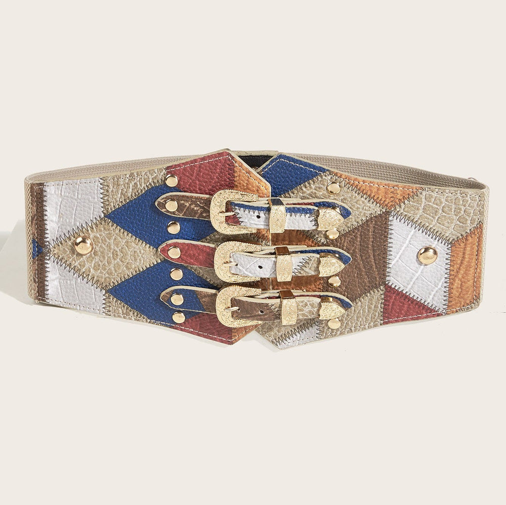 Women's Retro Rubber Ball Pattern Three Button Leather Waist Belt - Three buttons - image 1