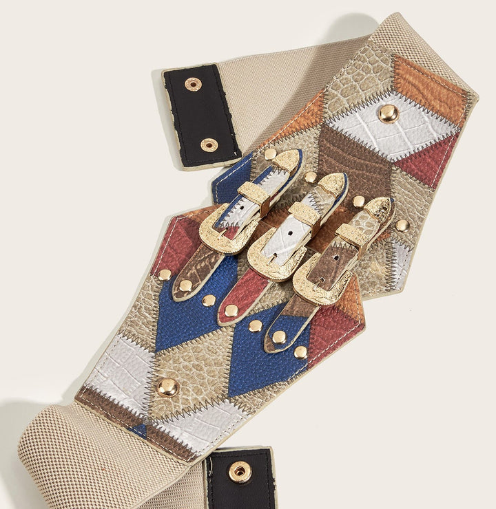 Women's Retro Rubber Ball Pattern Three Button Leather Waist Belt - image 3