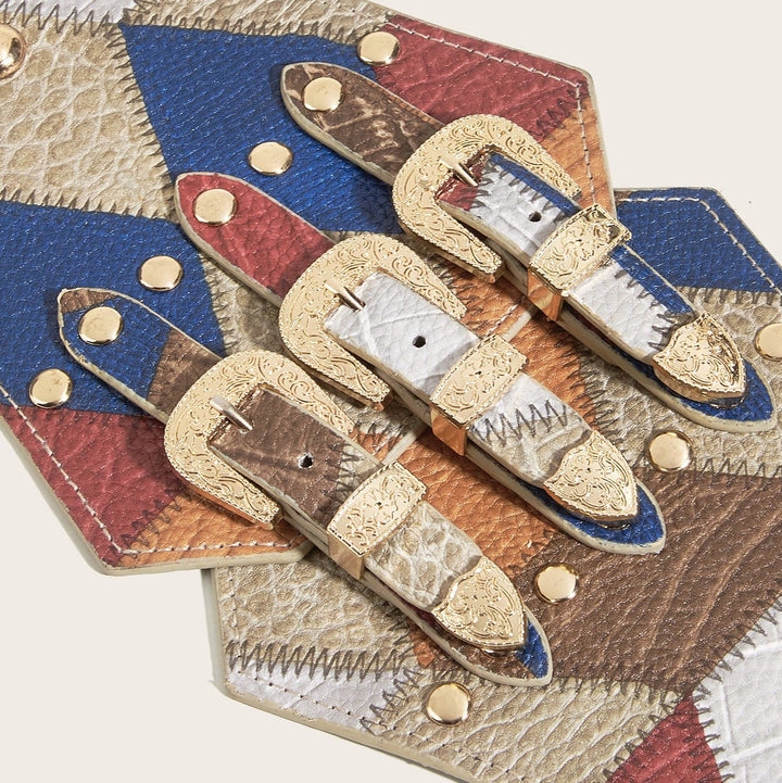 Women's Retro Rubber Ball Pattern Three Button Leather Waist Belt - image 4