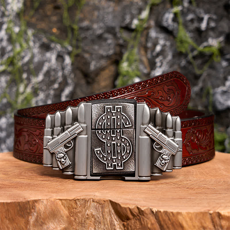 Men's DIY Silver Dual Guns & Bullets Leather Belt With Hidden Lighter - Dual Guns & Bullets - Brown Carved Belt - 42 - image 10