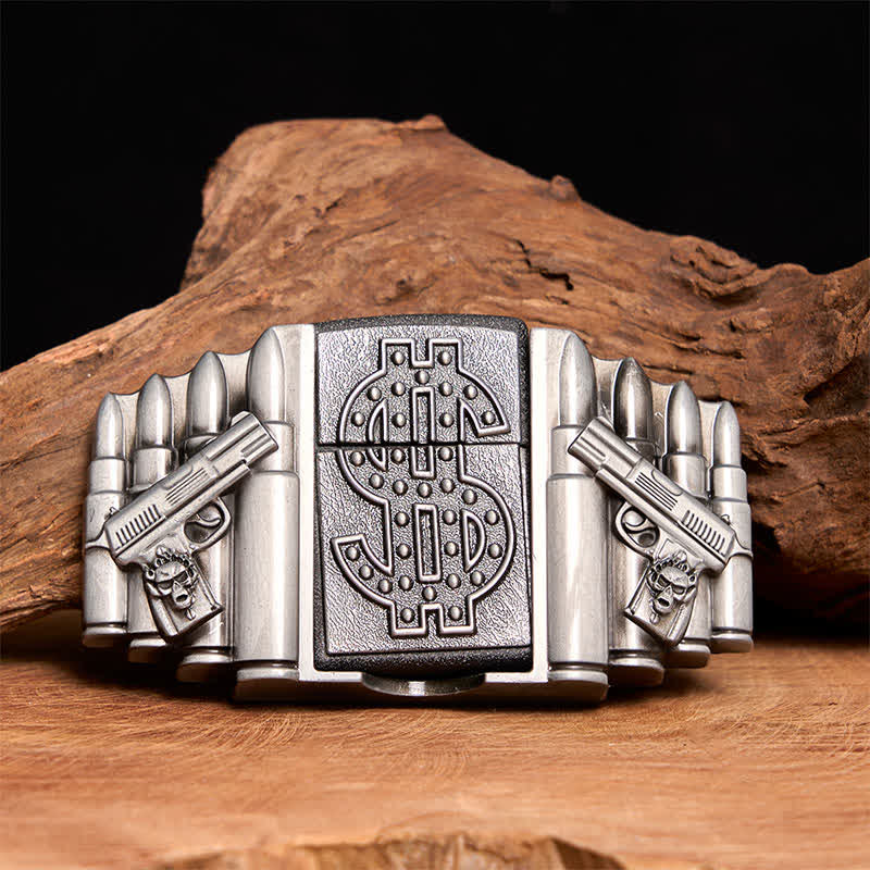 Men's DIY Silver Dual Guns & Bullets Leather Belt With Hidden Lighter - Dual Guns & Bullets - Without Belt - Not Included Belt - image 0