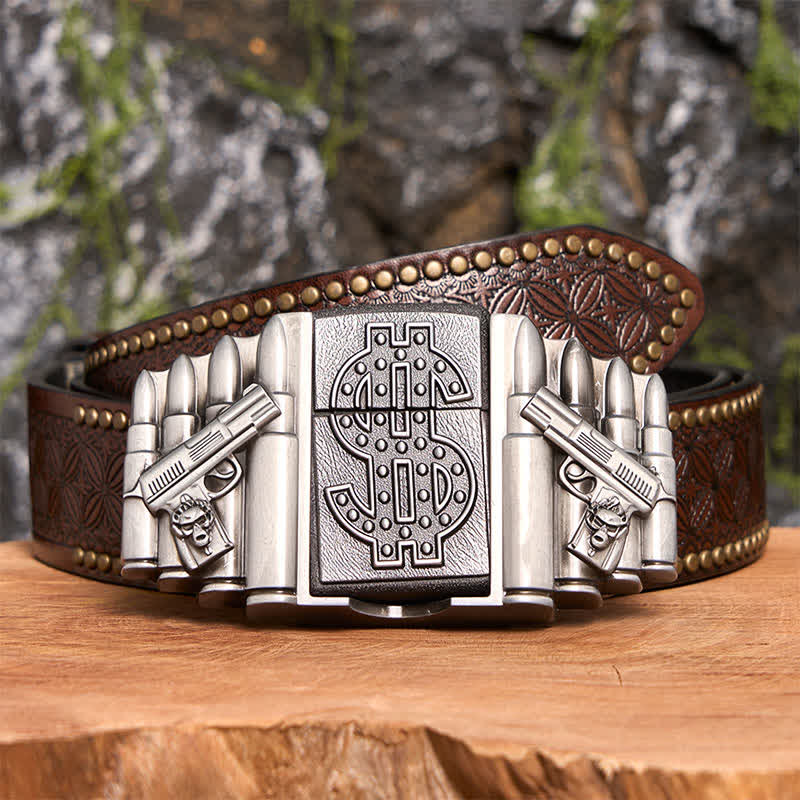 Men's DIY Silver Dual Guns & Bullets Leather Belt With Hidden Lighter - Dual Guns & Bullets - Brown Rivet Belt - 42 - image 7