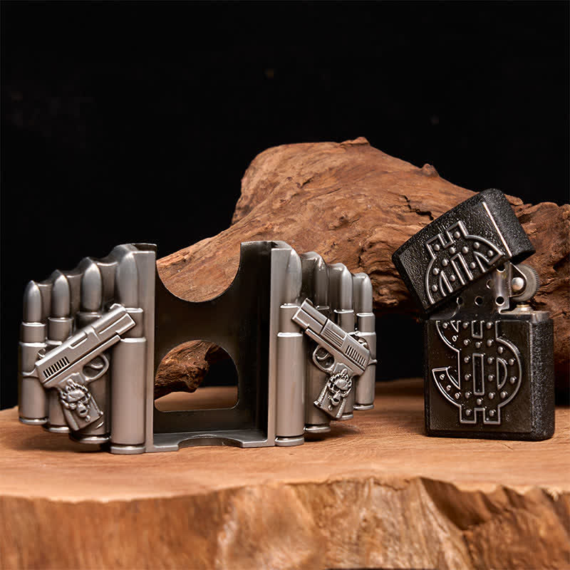 Men's DIY Silver Dual Guns & Bullets Leather Belt With Hidden Lighter - image 1