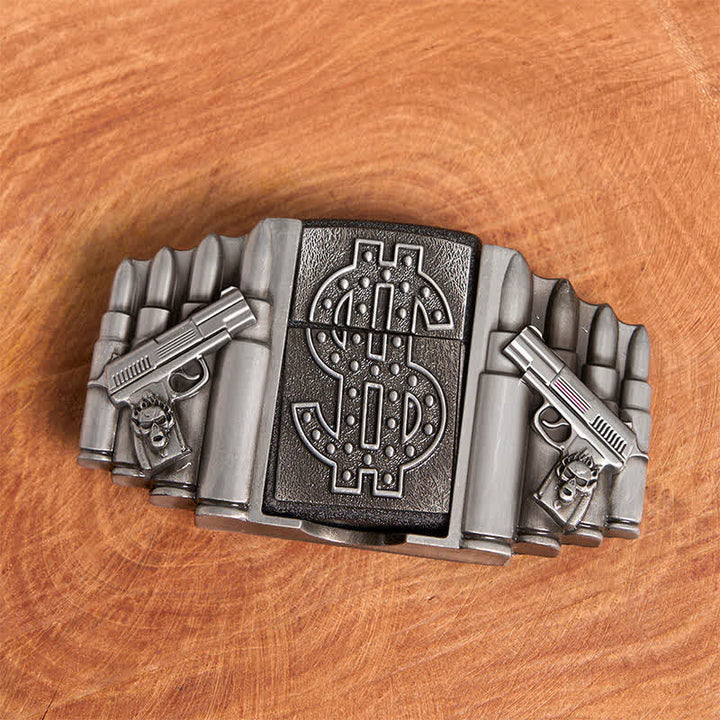Men's DIY Silver Dual Guns & Bullets Leather Belt With Hidden Lighter - image 3