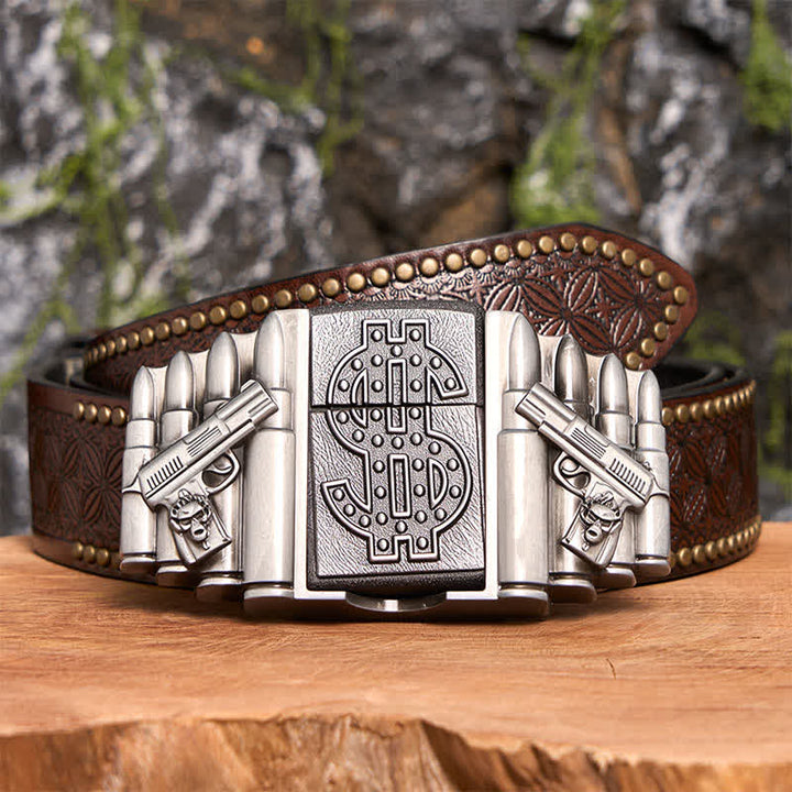 Men's DIY Silver Dual Guns & Bullets Leather Belt With Hidden Lighter - Dual Guns & Bullets - Brown Rivet Belt - 42 - image 7
