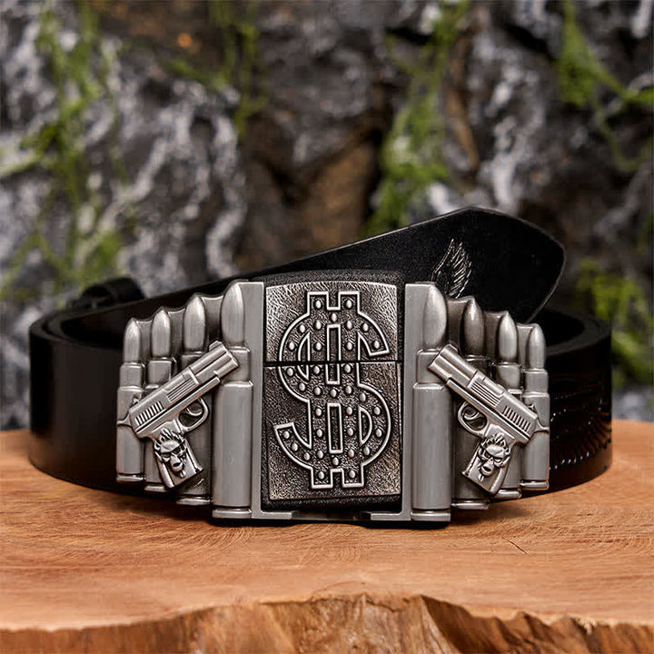 Men's DIY Silver Dual Guns & Bullets Leather Belt With Hidden Lighter - Dual Guns & Bullets - Black Embossed Eagle Belt - 42 - image 2