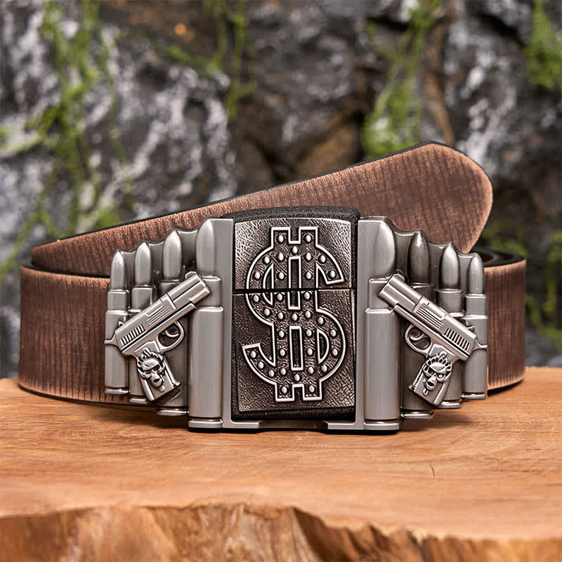 Men's DIY Silver Dual Guns & Bullets Leather Belt With Hidden Lighter - Dual Guns & Bullets - Brown Distressed Belt - 42 - image 8