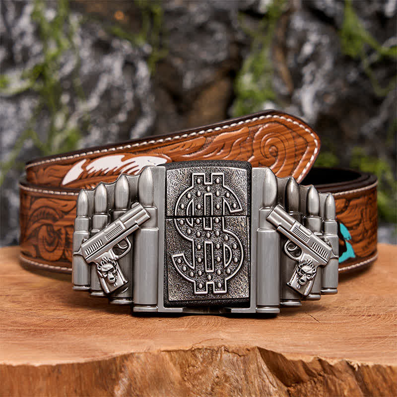 Men's DIY Silver Dual Guns & Bullets Leather Belt With Hidden Lighter - Dual Guns & Bullets - Brown Feather Belt - 40 - image 11