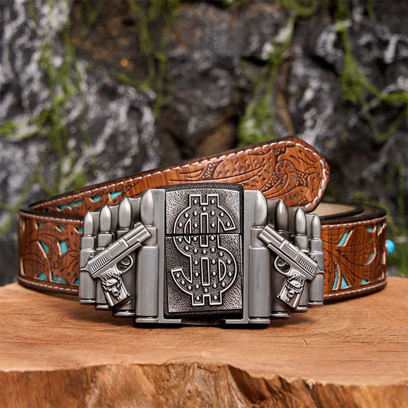 Men's DIY Silver Dual Guns & Bullets Leather Belt With Hidden Lighter - Dual Guns & Bullets - Turquoise Carved Belt - 42 - image 6