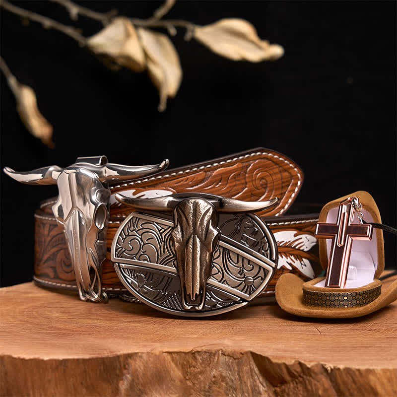 Longhorn Bull DIY Hidden Knife Belt Buckle Cross Necklace Bundle Set - Longhorn Bull - Brown Feather Belt - 40 - image 0