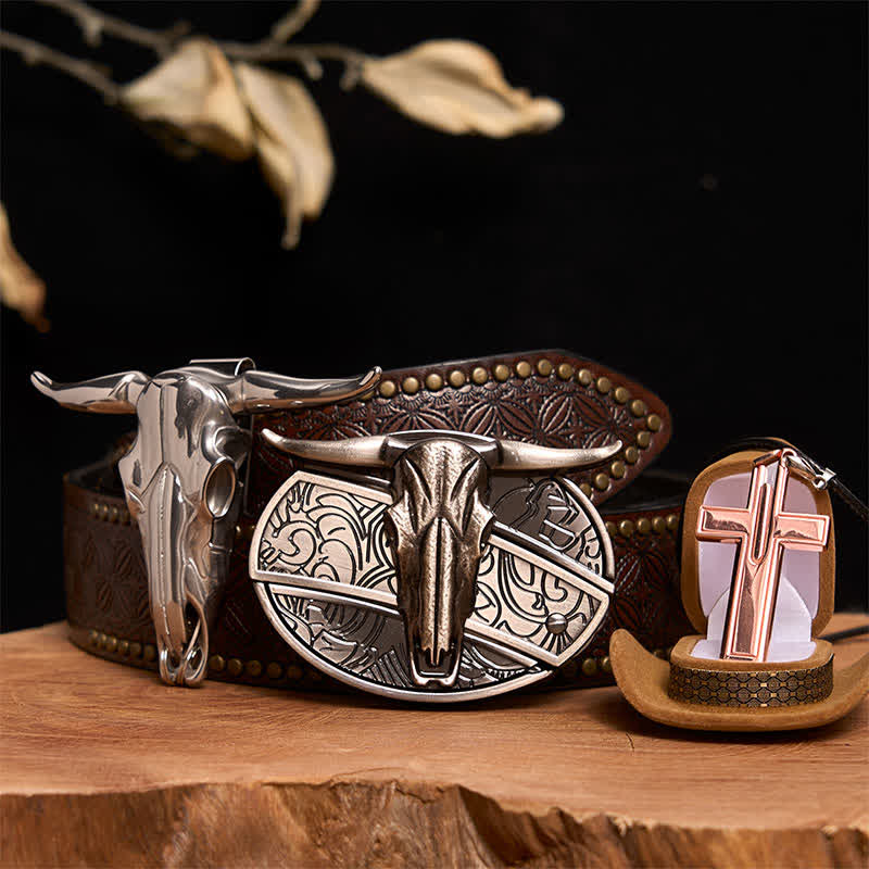 Longhorn Bull DIY Hidden Knife Belt Buckle Cross Necklace Bundle Set - Longhorn Bull - Brown Rivet Belt - 42 - image 5
