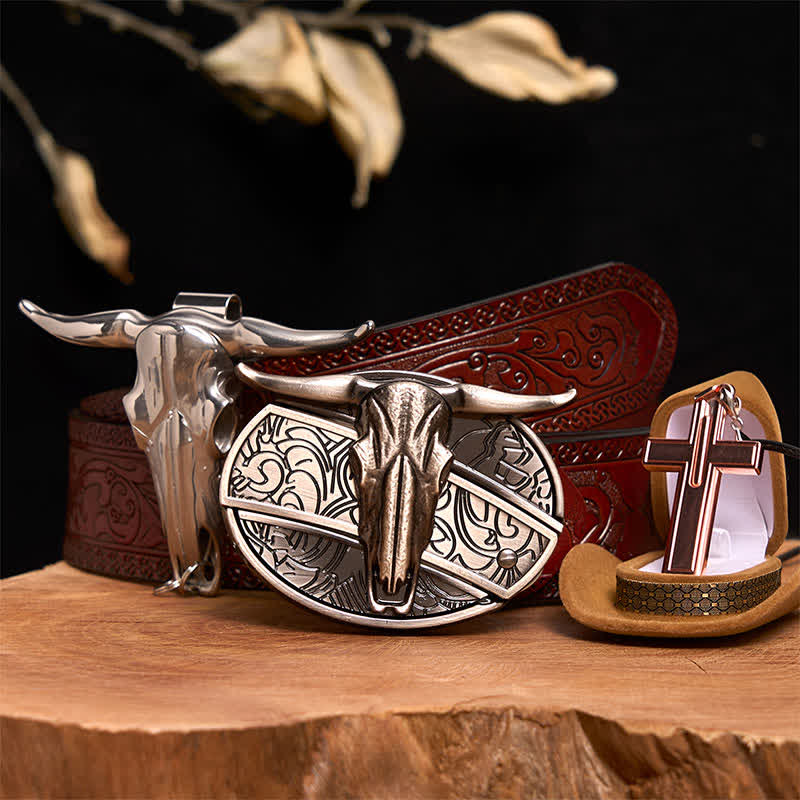 Longhorn Bull DIY Hidden Knife Belt Buckle Cross Necklace Bundle Set - Longhorn Bull - Brown Carved Belt - 42 - image 7