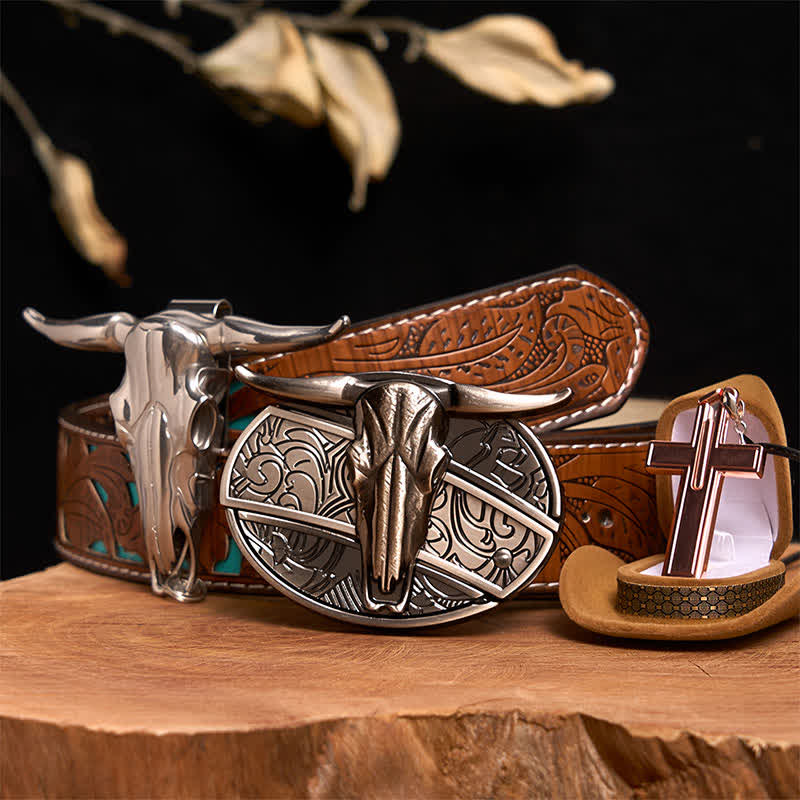 Longhorn Bull DIY Hidden Knife Belt Buckle Cross Necklace Bundle Set - Longhorn Bull - Turquoise Carved Belt - 42 - image 4