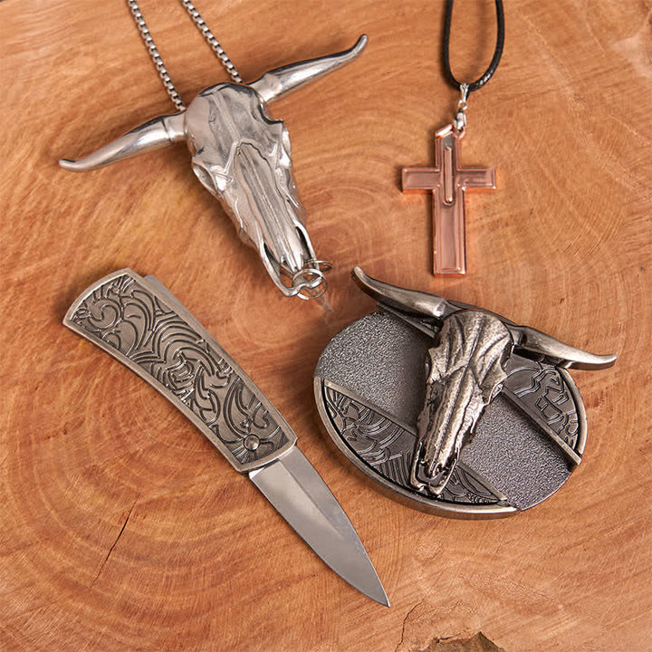 Longhorn Bull DIY Hidden Knife Belt Buckle Cross Necklace Bundle Set - image 2