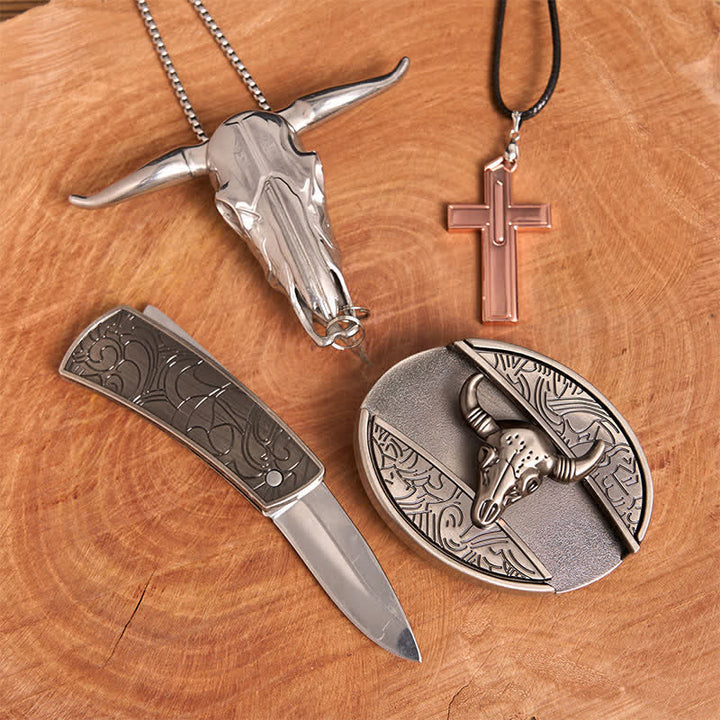 Antique Silver Bull DIY Hidden Knife Belt Buckle Cross Necklace Bundle Set - image 2