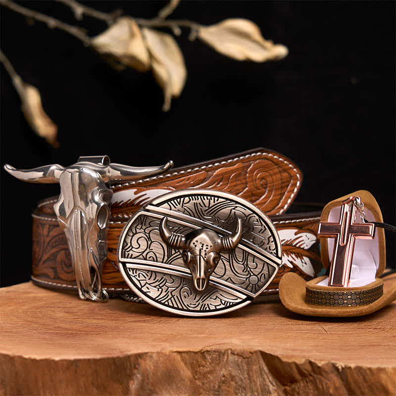 Antique Silver Bull DIY Hidden Knife Belt Buckle Cross Necklace Bundle Set - Silver Bull Head - Brown Feather Belt - 40 - image 0
